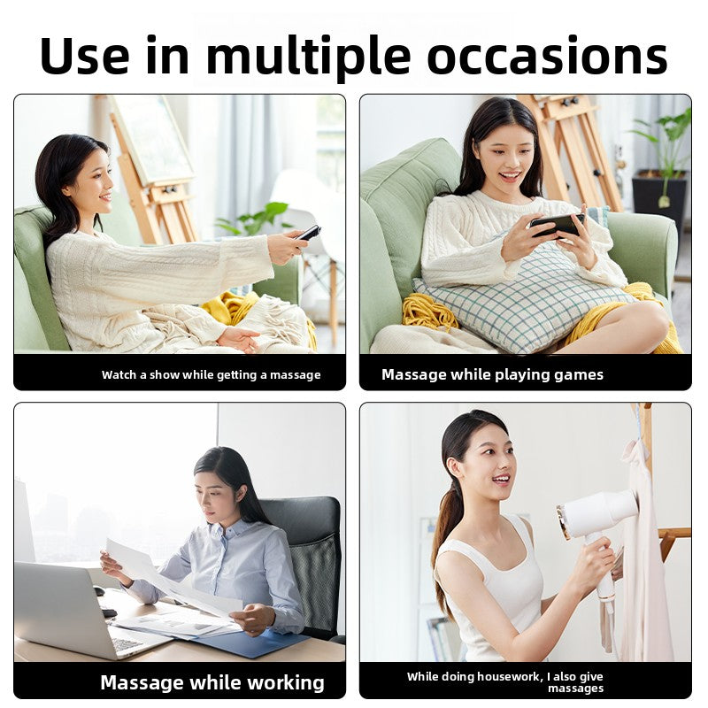 Four scenes of the claw scalp massager worn while watching TV, gaming, working and doing housework