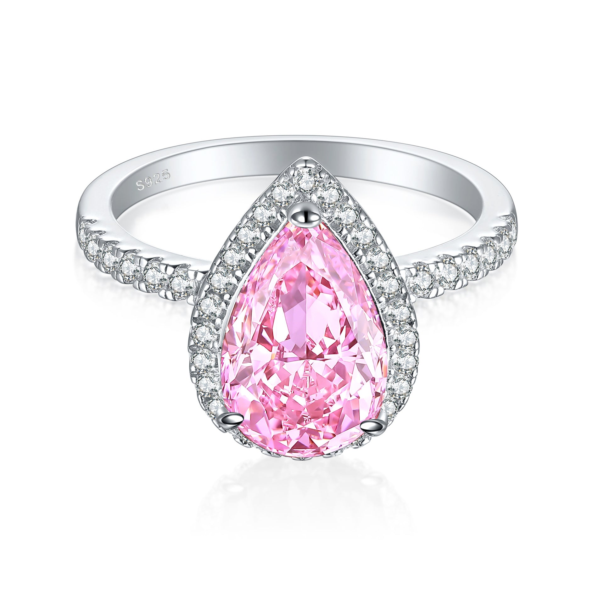 Pear shaped pink simulated diamond stone framed by a clear stone halo on a polished sterling silver band