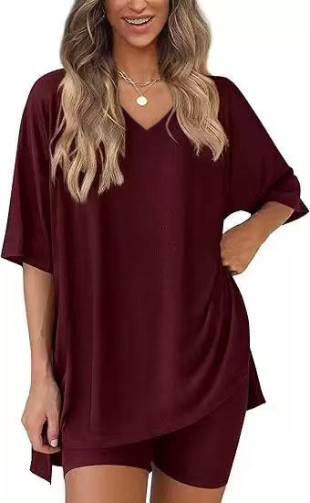 Burgundy milk silk V neck loungewear set, oversized top and matching shorts, size S