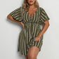 Army green and white striped surplice mini dress with flutter sleeves, worn front view