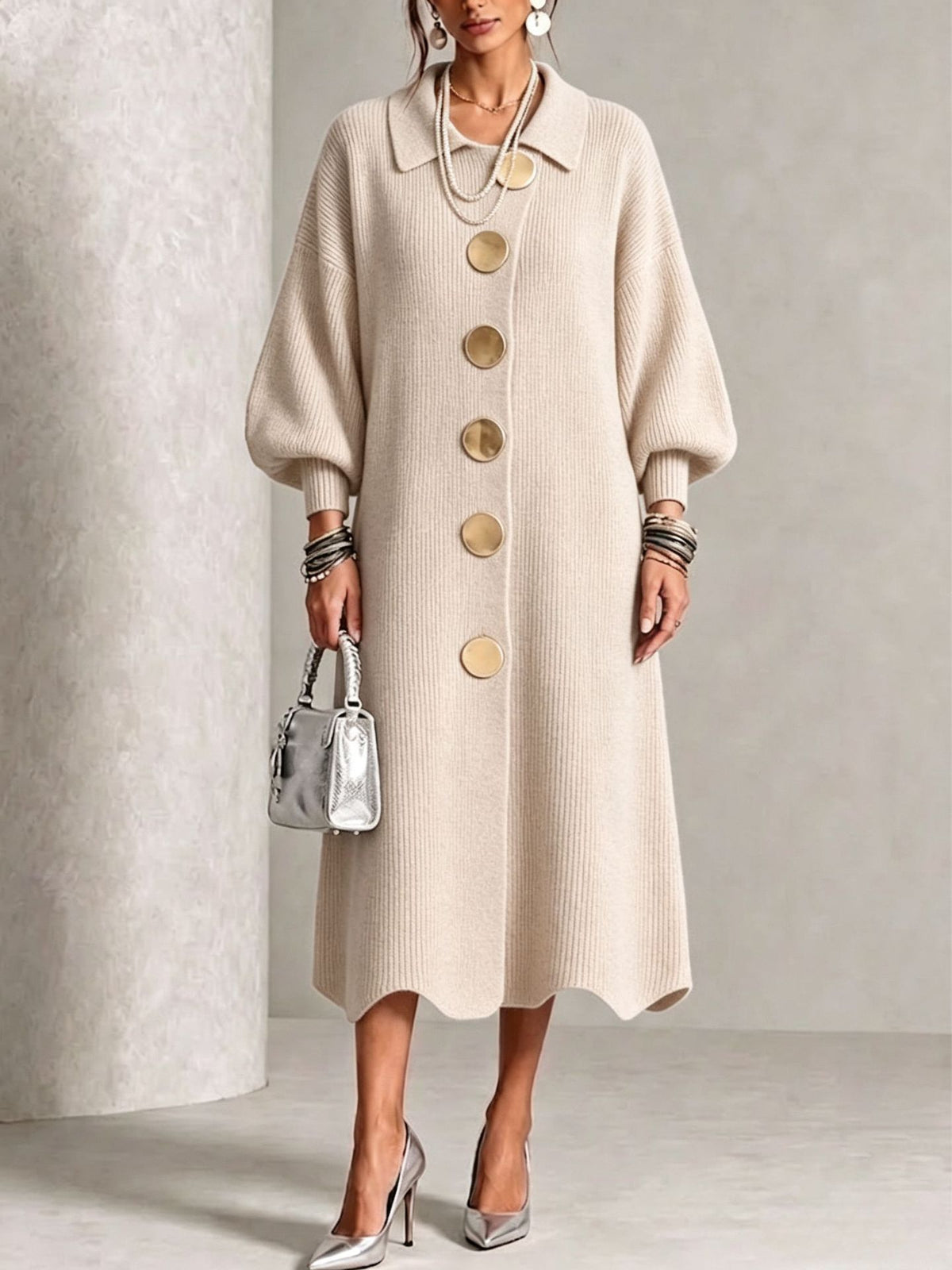 Off White option, size M: long ribbed knit dress with polo collar, balloon sleeves and large gold-tone buttons