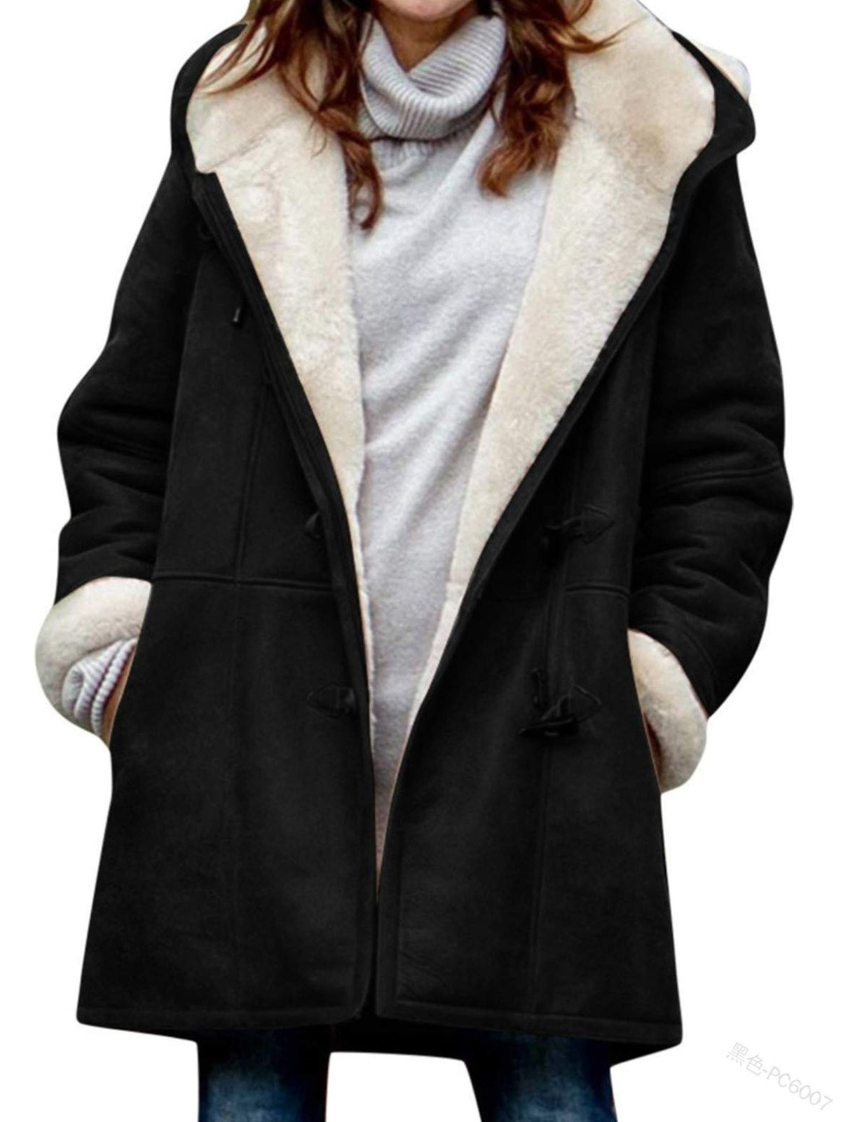 Women's hooded suede toggle coat with white plush lining in Black