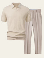 Beige waffle knit polo shirt with beige tailored trousers, size S option image