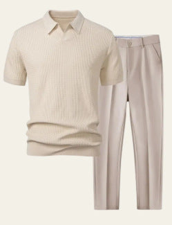Beige waffle knit polo shirt with beige tailored trousers, size S option image