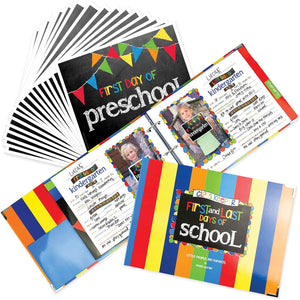 Rainbow striped school memory album open to a preschool page with a first day sign and photo insert sleeves