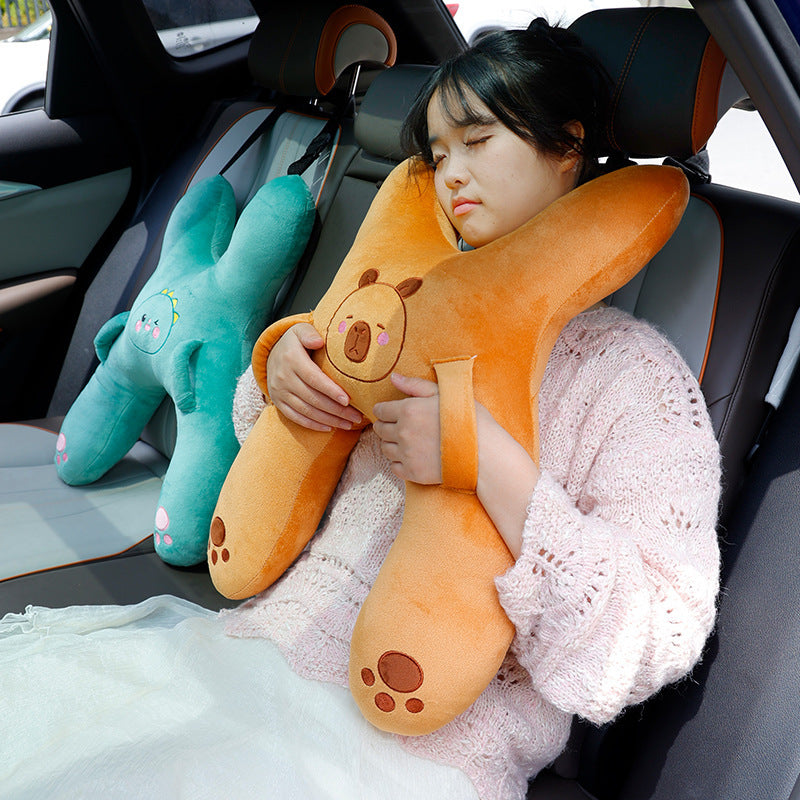 Pink pig X shaped plush car hug pillow with embroidered face and paw pads