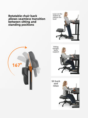 Diagram of the sit stand desk chair backrest rotating about 167 degrees for sitting and standing