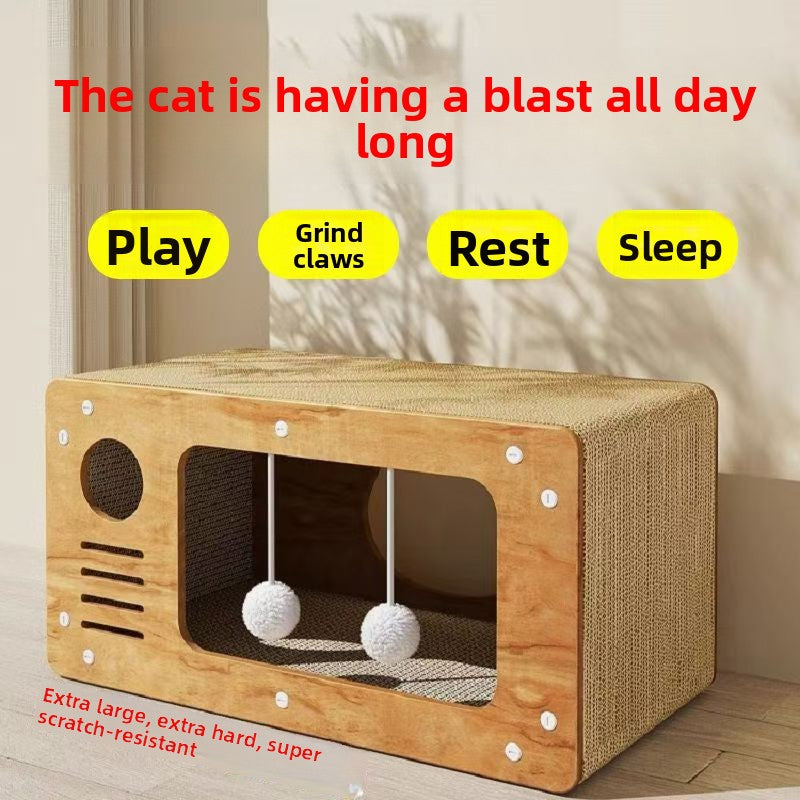Wood grain cardboard cat scratcher box with hanging pom pom balls and play, scratch, rest and sleep labels