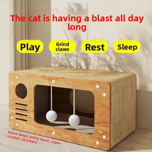 Wood grain cardboard cat scratcher box with hanging pom pom balls and play, scratch, rest and sleep labels