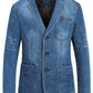 Blue washed denim blazer jacket with notch lapel, three buttons, chest pocket and large patch pockets