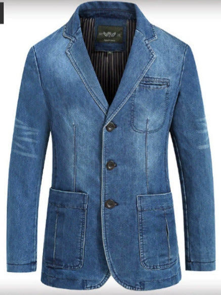 Blue washed denim blazer jacket with notch lapel, three buttons, chest pocket and large patch pockets
