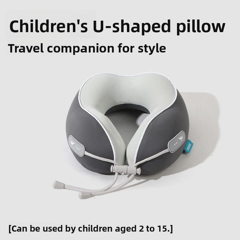 Dark gray and light gray U shaped neck pillow with front cord, children's size, single pillow option