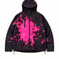 Black hooded zip jacket with a large magenta splash ink print, flat front view