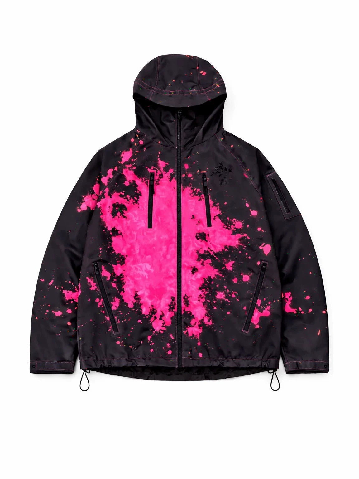 Black hooded zip jacket with a large magenta splash ink print, flat front view