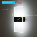 Minimalist LED wall sconce with frosted acrylic panel glowing on a bedroom wall