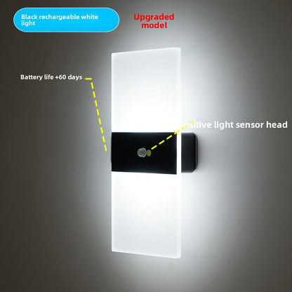 Minimalist LED wall sconce with frosted acrylic panel glowing on a bedroom wall