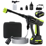 Cordless high pressure car wash gun with 21V lithium battery, charger, nozzles and foaming bottle
