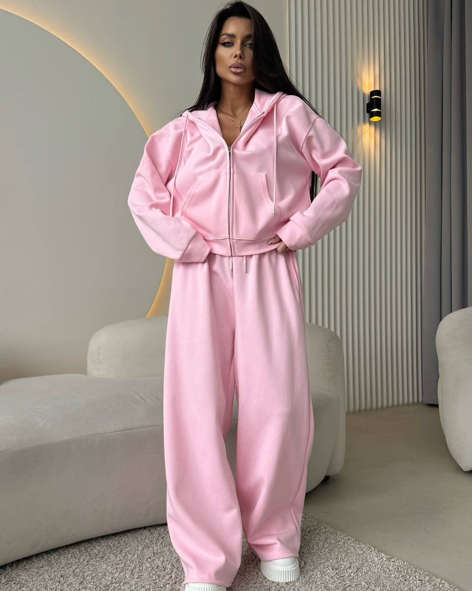 Pink zip front hooded sweatshirt and wide leg trousers set, Pink color, worn by a model, the Size L option