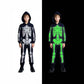Boy in a black hooded skeleton outfit with white bone print, by day and glowing green in the dark