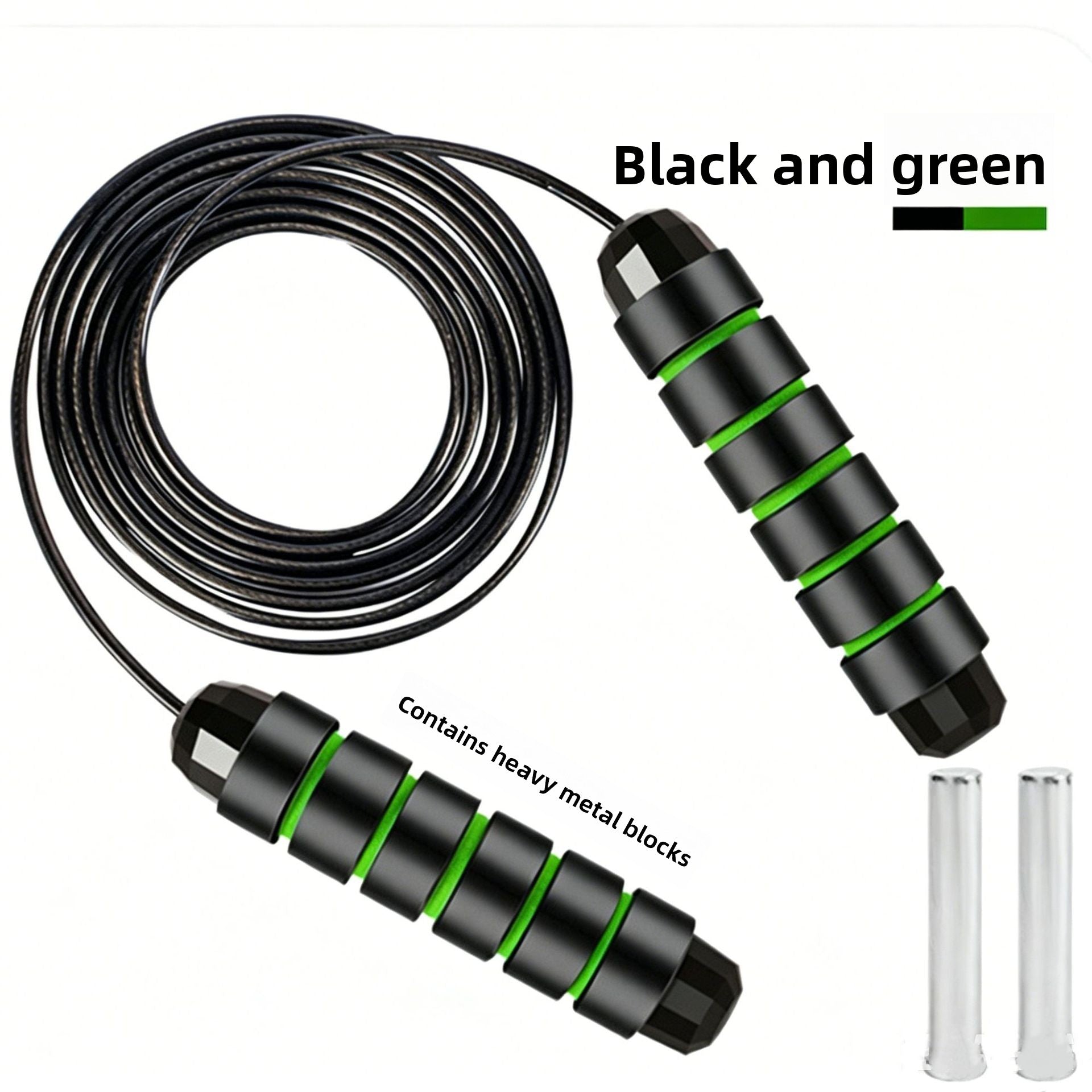 Black and green weighted skipping rope shown with its two removable metal bars