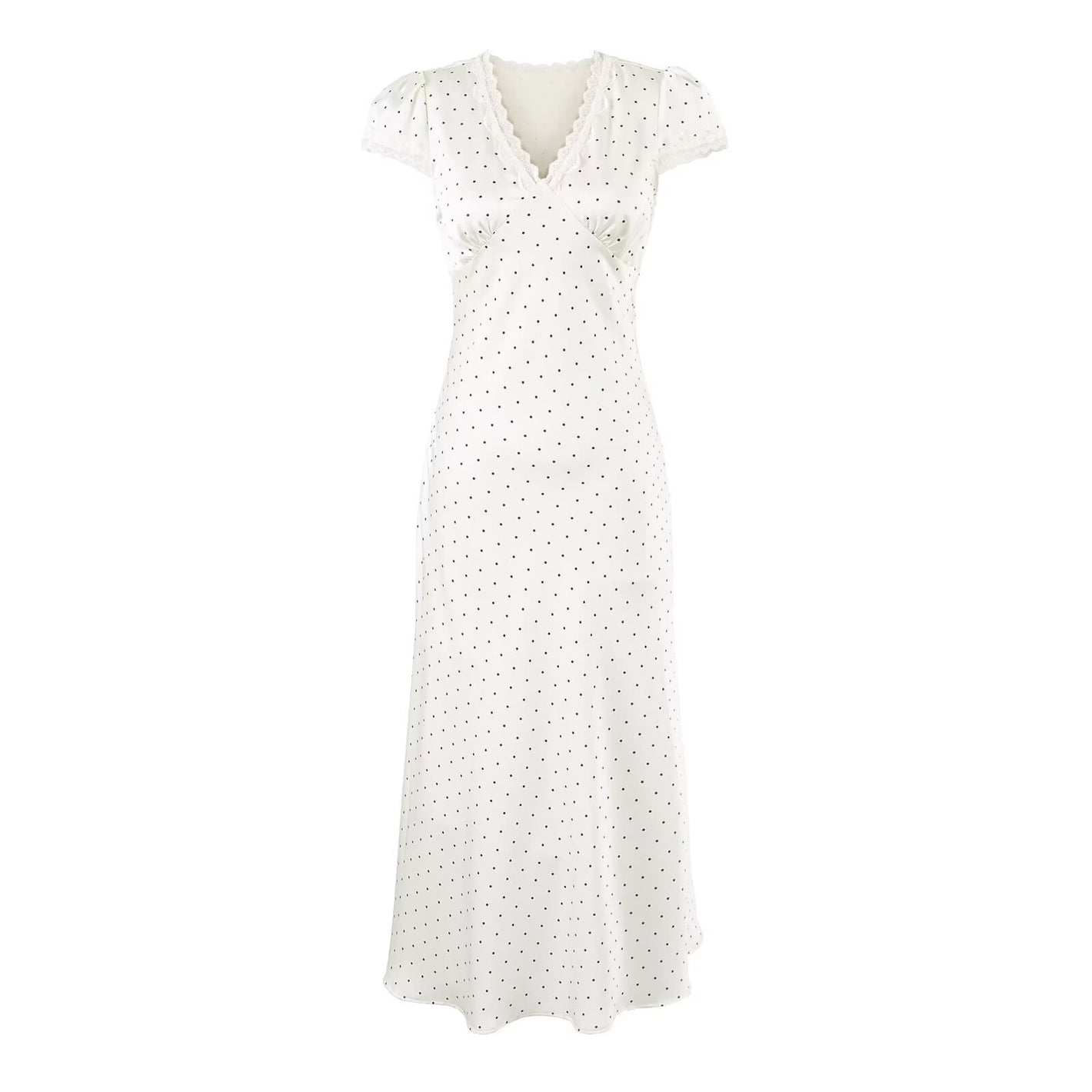 Polka dot lace puff sleeve dress front view showing waist and sleeves