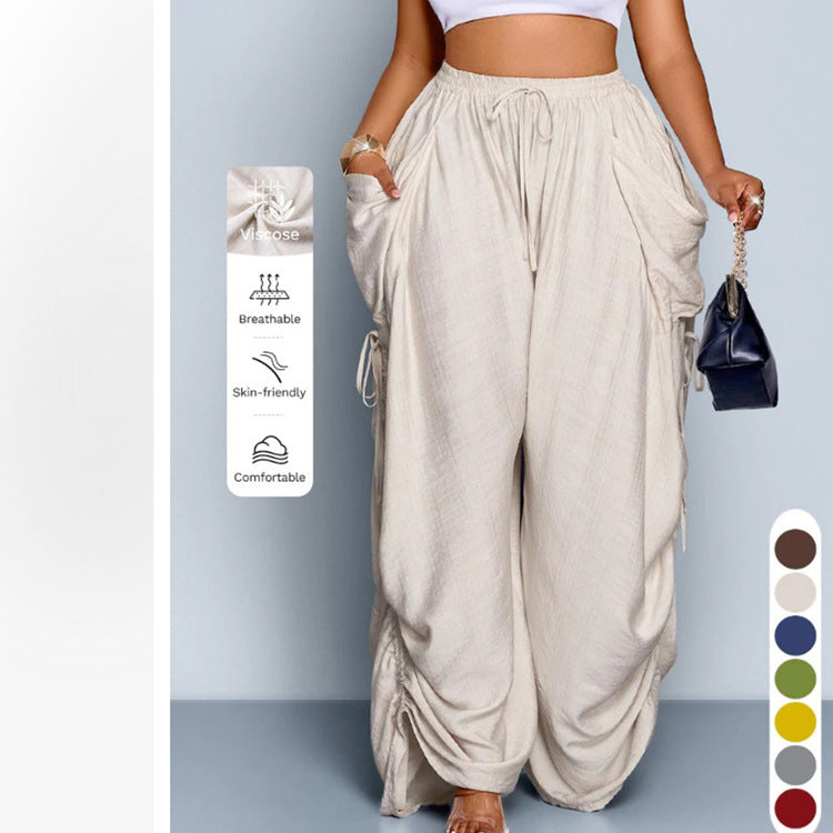 High waist wide leg linen look viscose drawstring trousers, the colour swatch panel of the fourteen shades