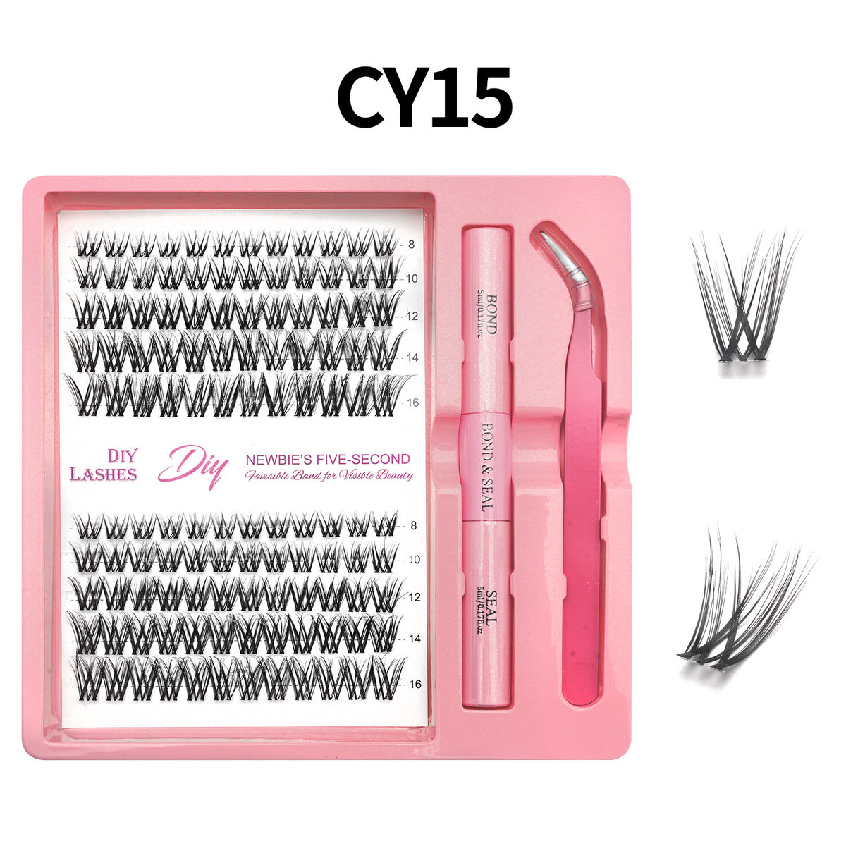 Lash cluster style CY15 in a 10 row tray with dual-ended glue pen, tweezers and a close-up of the cluster shape