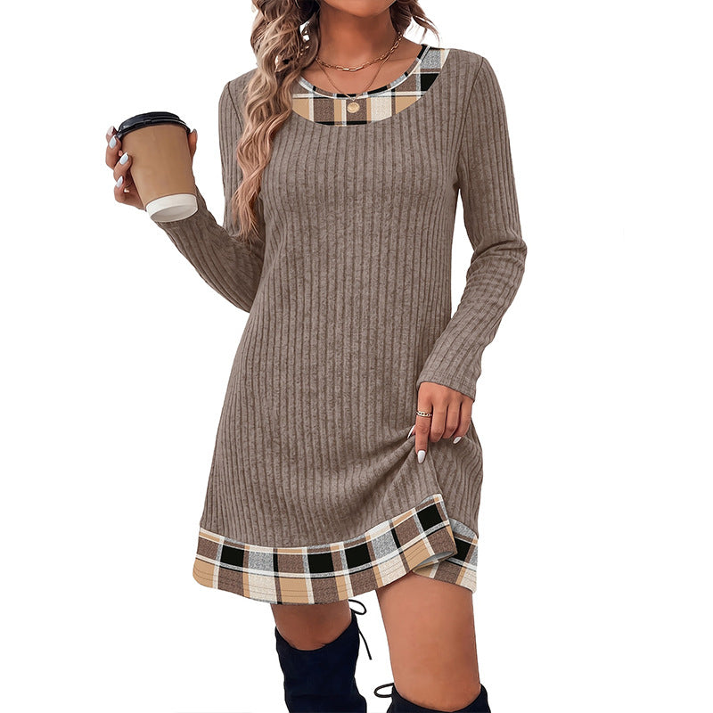 Grayish brown ribbed knit long sleeve dress with tan plaid trim, variant photo for size XXL