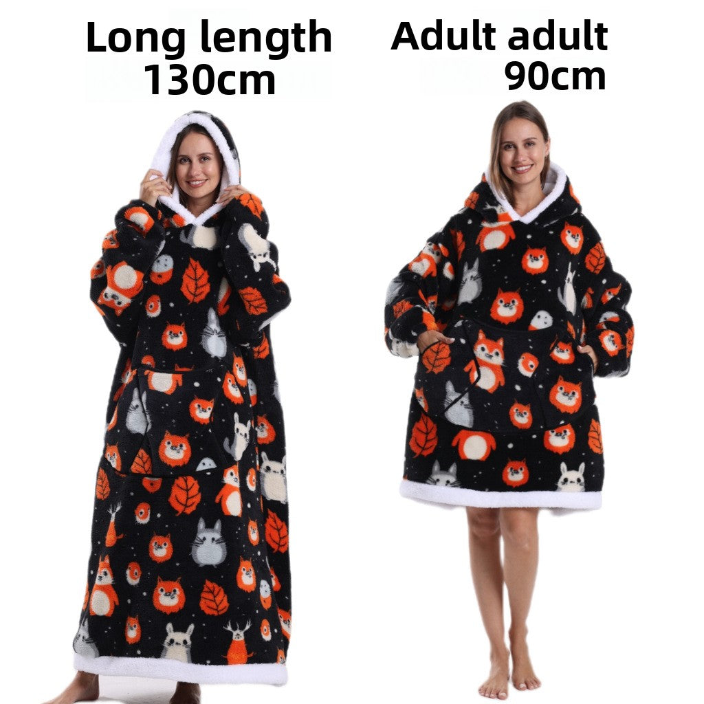 Black Fox and Leaves hooded fleece pullover, black with orange fox faces and leaf prints, 130 cm extra long option