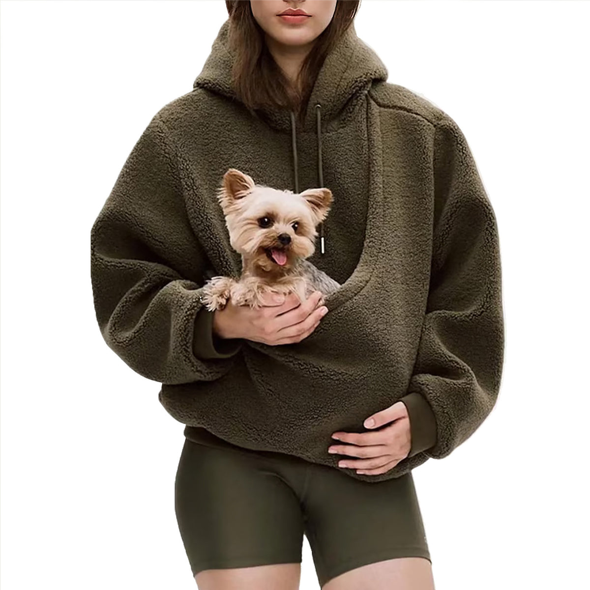 Front view of the black plush fleece pet pouch hoodie with lined hood and drawstring