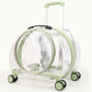 Transparent shell green rolling pet carrier with a bubble window, green trim, pull rod and four wheels