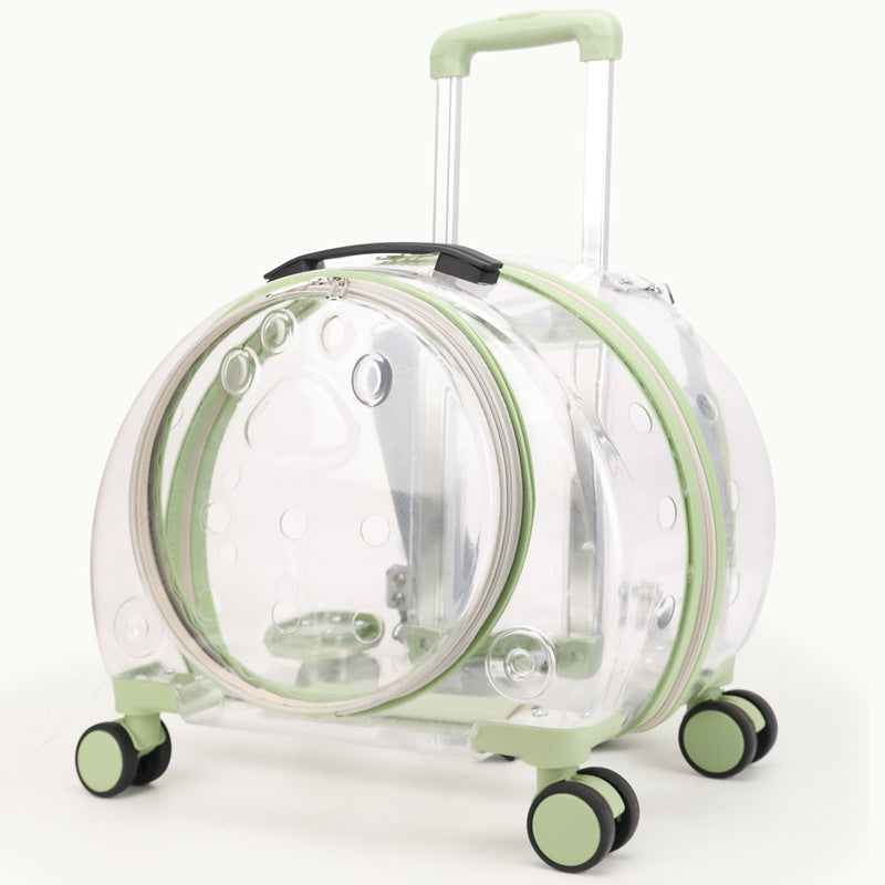 Transparent shell green rolling pet carrier with a bubble window, green trim, pull rod and four wheels