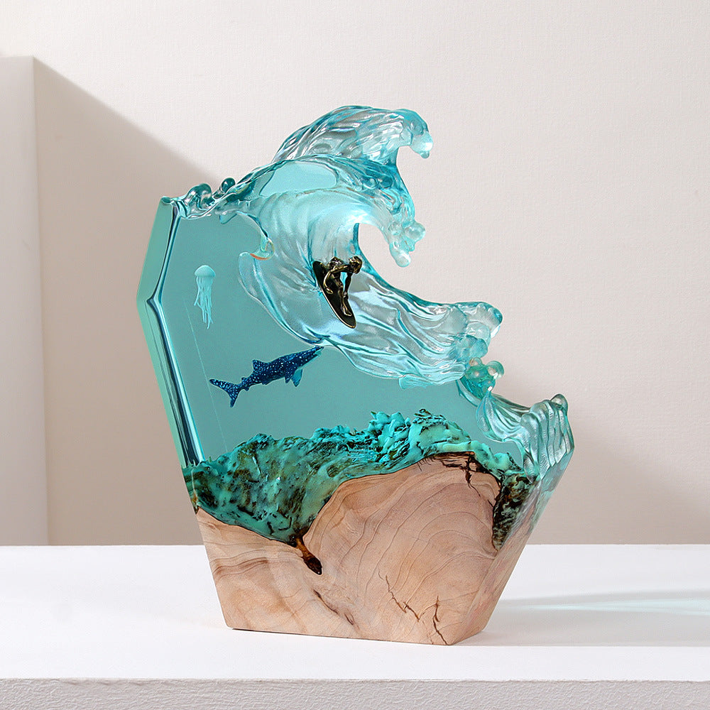 Marine resin and wood night light showing surfer riding a clear blue wave