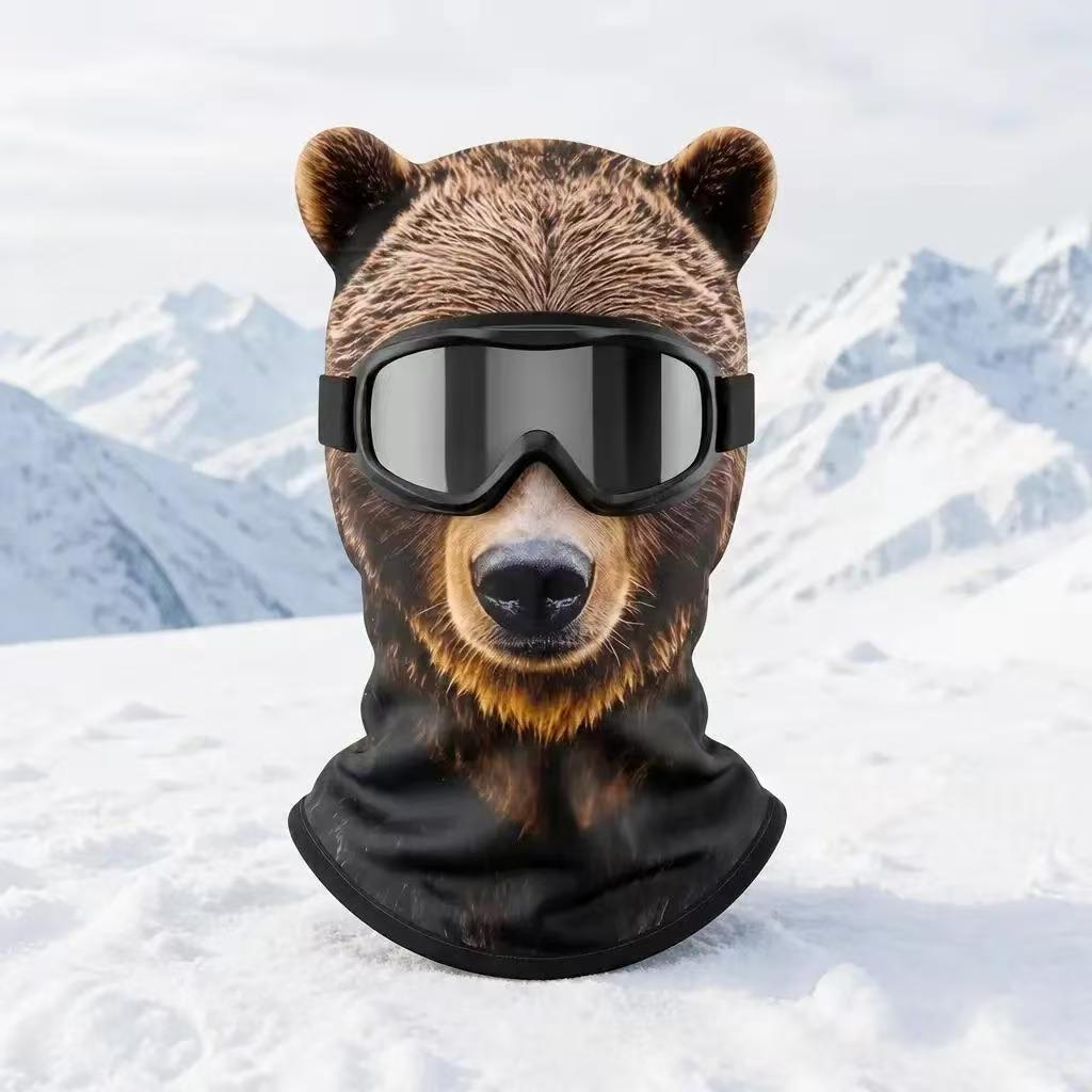 Brown bear print fleece balaclava with round ears and black neck, Animal Winter Mask N option