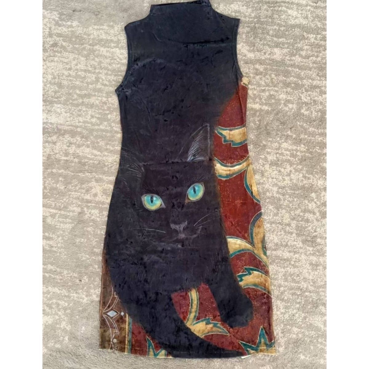 Y2K Black Cat Print Mesh Fishtail Dress