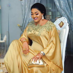 Gold Satin Lace Yoke Long Sleeve Maxi Dress