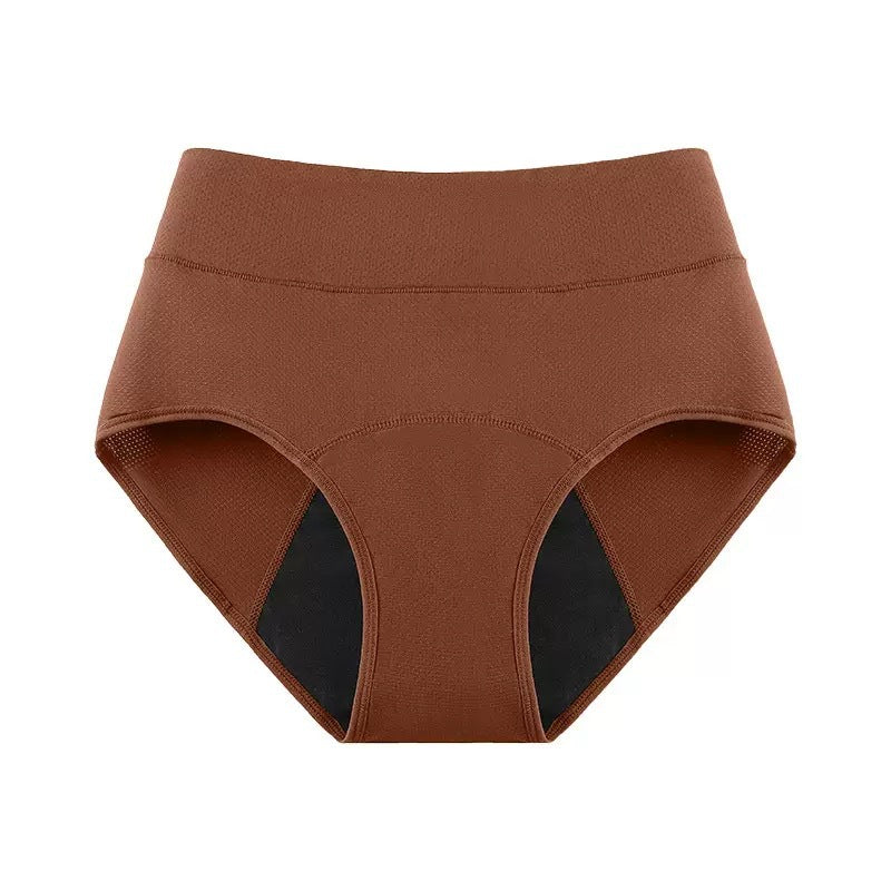 Caramel high-waist menstrual brief front view with mesh side panels on a plain background