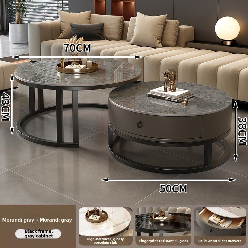 Option 60x80cm photo: round nesting tables, black frame, gray cabinet, gray stone tops, labeled 70 CM and 50 CM