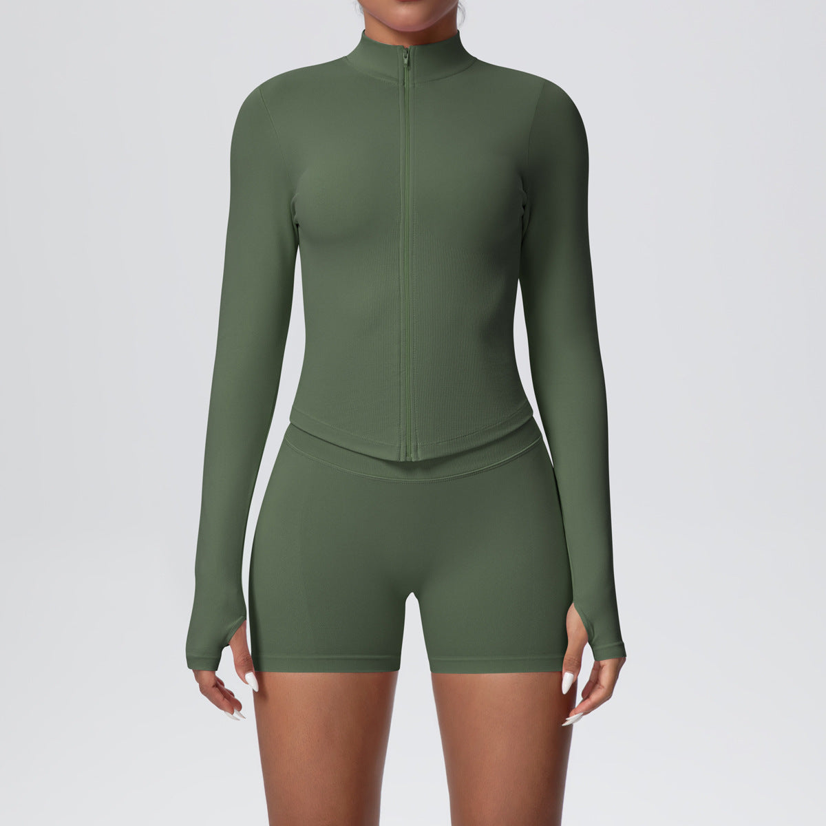 Thumb hole cuff detail on the long sleeve seamless activewear jacket