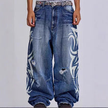 Retro Printed Wide-Leg Denim Pants