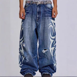Retro printed wide-leg denim pants shown full length