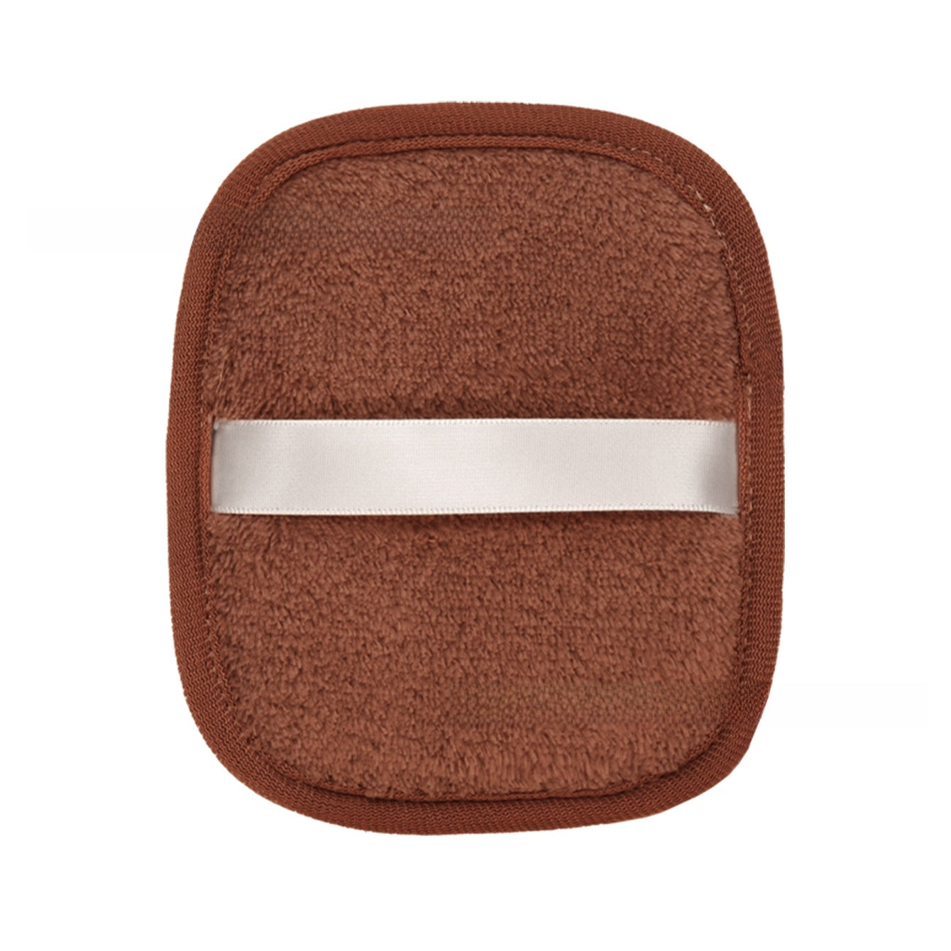 Reusable makeup remover pad with a satin hand strap shown on a plain background
