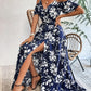 Full length floral maxi dress with tie waist and long A line skirt on model