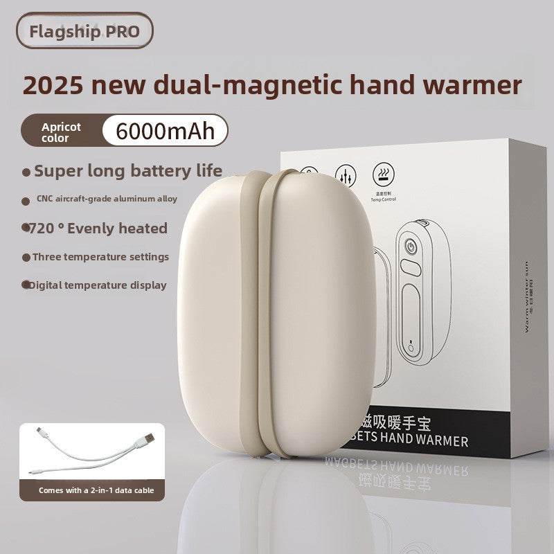 Beige magnetic hand warmer with 6000 mAh label standing in front of its retail box, product photo