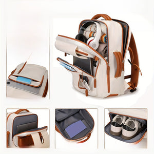 Milky white travel backpack open showing padded laptop sleeve, shoe compartment, and packed main section
