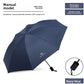 Black folding umbrella for sun and rain shown open from above
