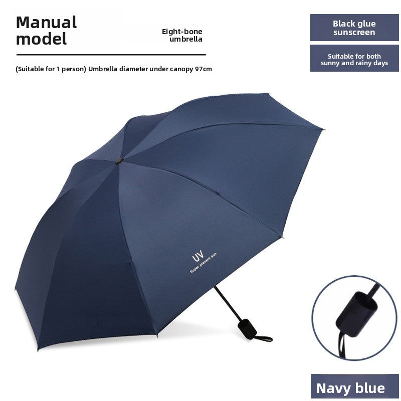 Black folding umbrella for sun and rain shown open from above