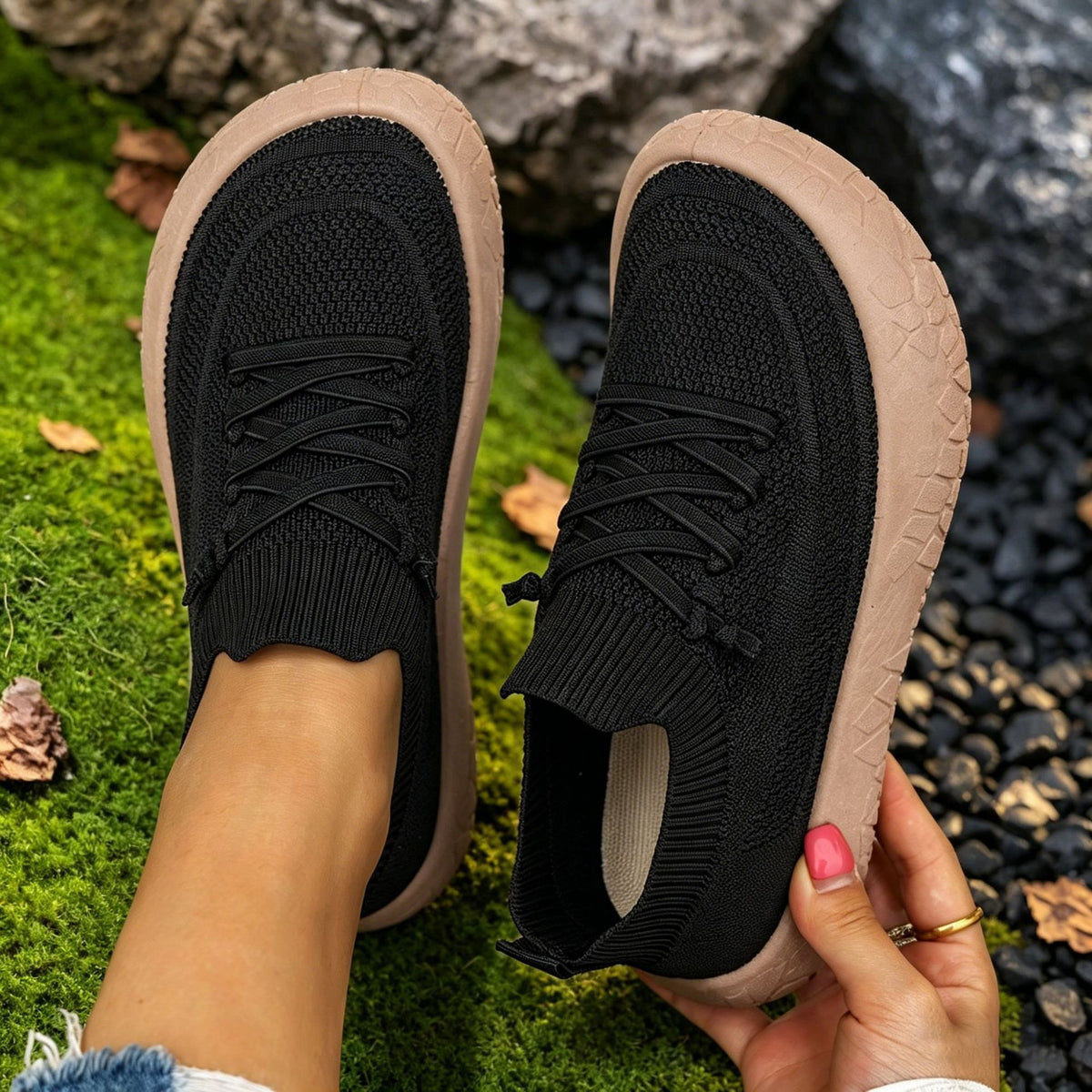 Top view of black knit mesh slip-on sneakers with ribbed collars and tan crackle soles, option Black size 38