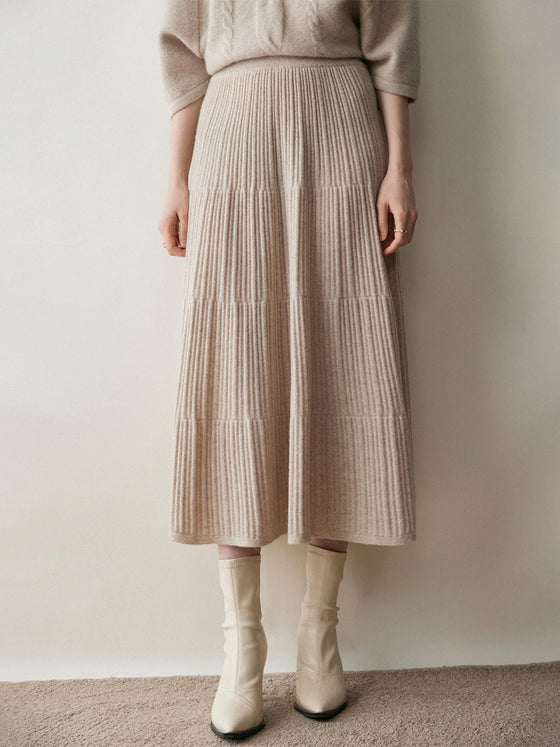 Womens Cashmere Blend Ribbed Knit Tiered Midi Skirt