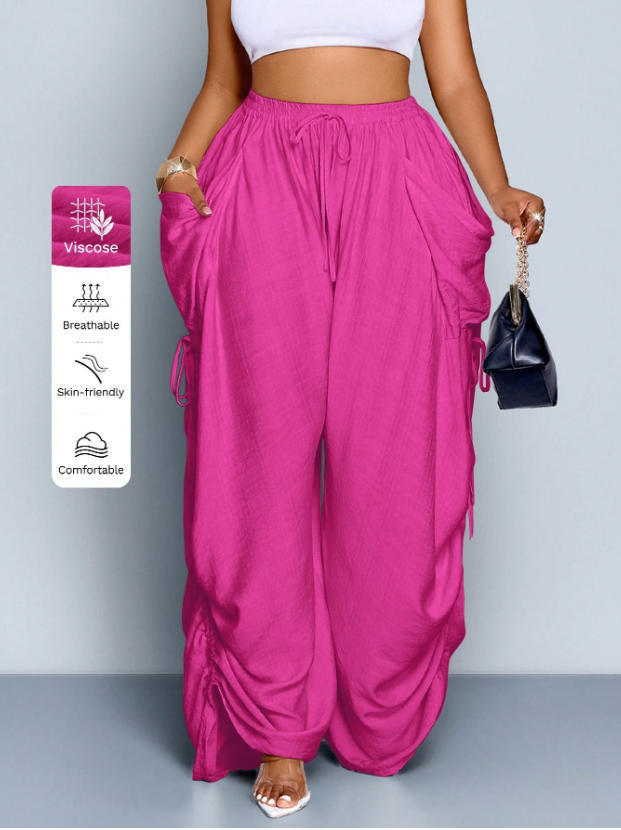 High waist wide leg linen look viscose drawstring trousers, styled with a tank and sandals